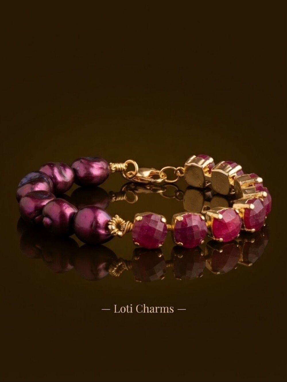 24 Caratd T.W. Natural Rough Ruby & Wine Baroque Pearls In Boho Luxe Bracelet